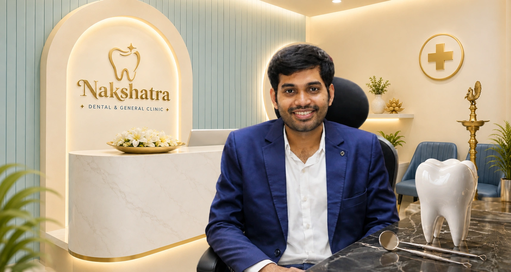 Dentist consulting a smiling patient in a modern dental clinic